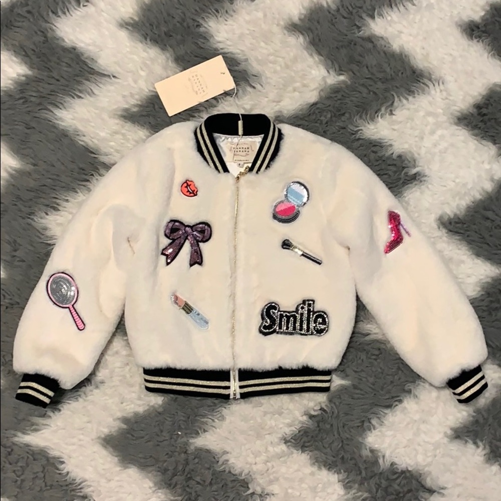 NWT Plush Faux Fur Bomber Jacket w/Fashion Patches